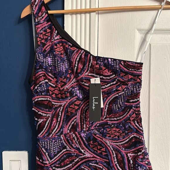 NWT Lulu's Make a Statement Pink Sequin One-Shoulder Bodycon Mini Dress - Picture 5 of 6